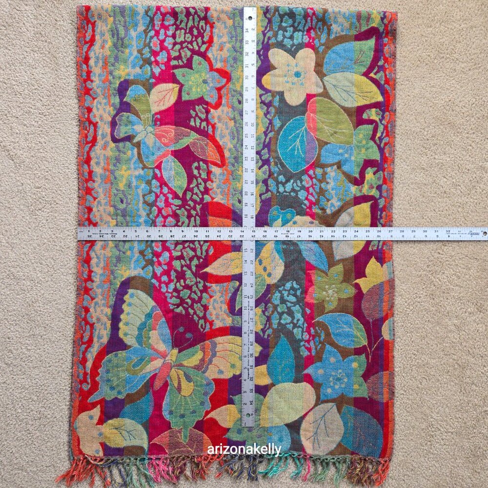 NWOT 100% Wool Woven Scarf Butterfly Flowers Colorful Vibrant - Picture 9 of 12